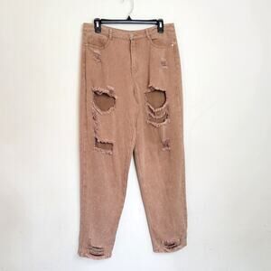 Dylan Wylde Destroyed Mom Jeans in Tan Sand Large